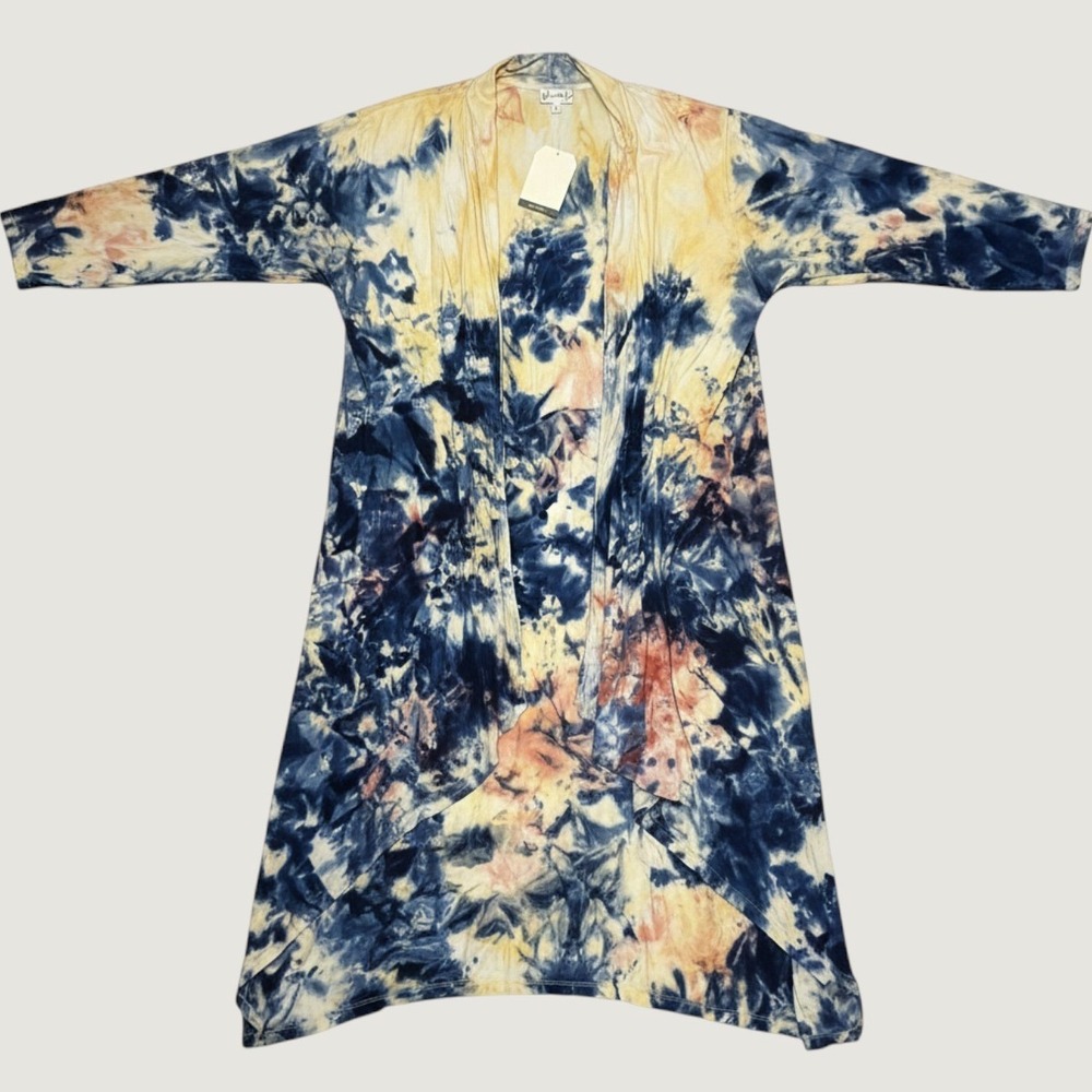 Wonderly Women Blue Yellow Tie Dye Open Front Longline flowy Cardigan S NWT